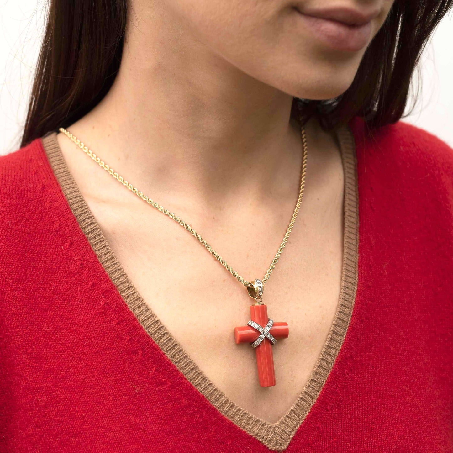 CORAL PENDENTE CROCE COLLANA CON DIAMONDS - ORO