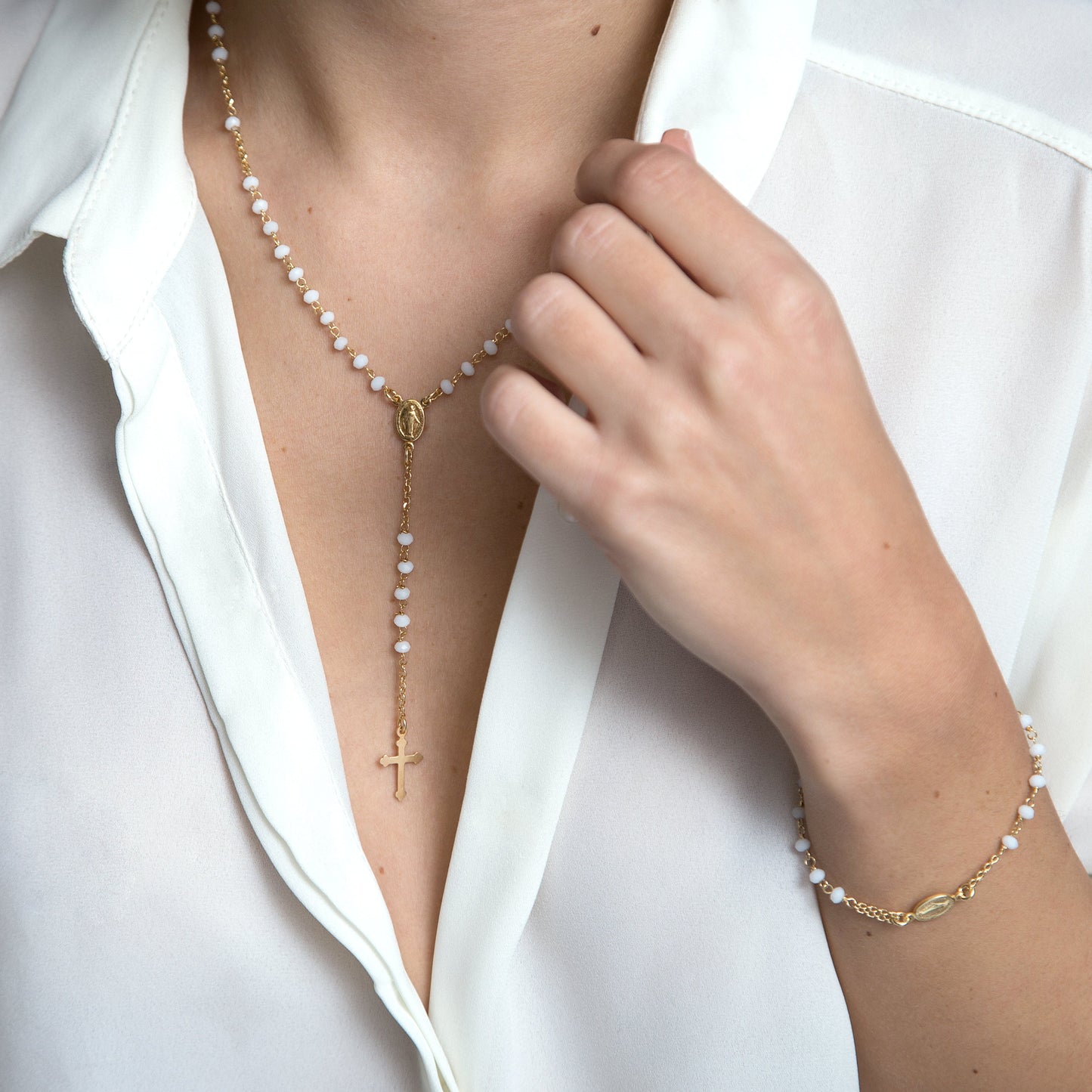 BIANCO CRYSTAL COLLANA ROSARIO - VERMEIL ARGENTO