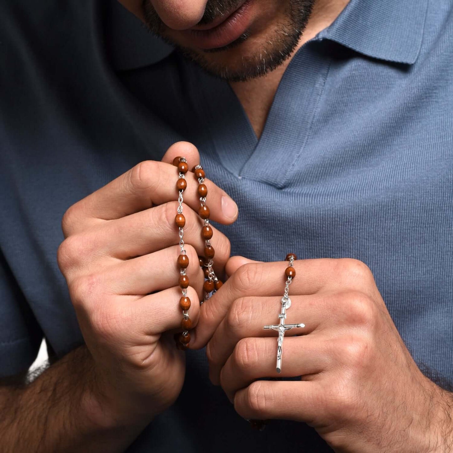 DARK ROSEWOOD BEADS ROSARIO - ARGENTO
