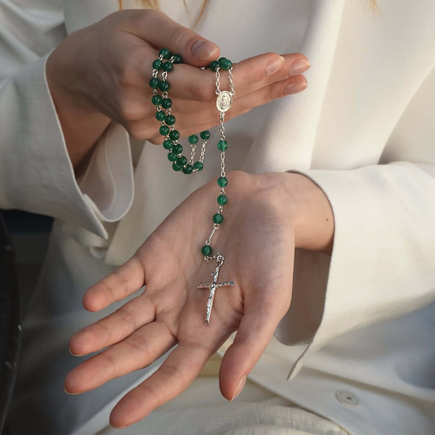 GREEN AGATE ROSARIO - ARGENTO