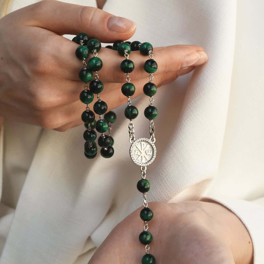 GREEN TIGER EYE ROSARIO - ARGENTO