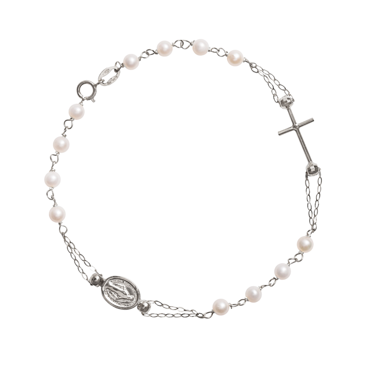 MIRACULOUS E CROCE - PERLE BRACCIALETTO ROSARIO - BIANCO ORO