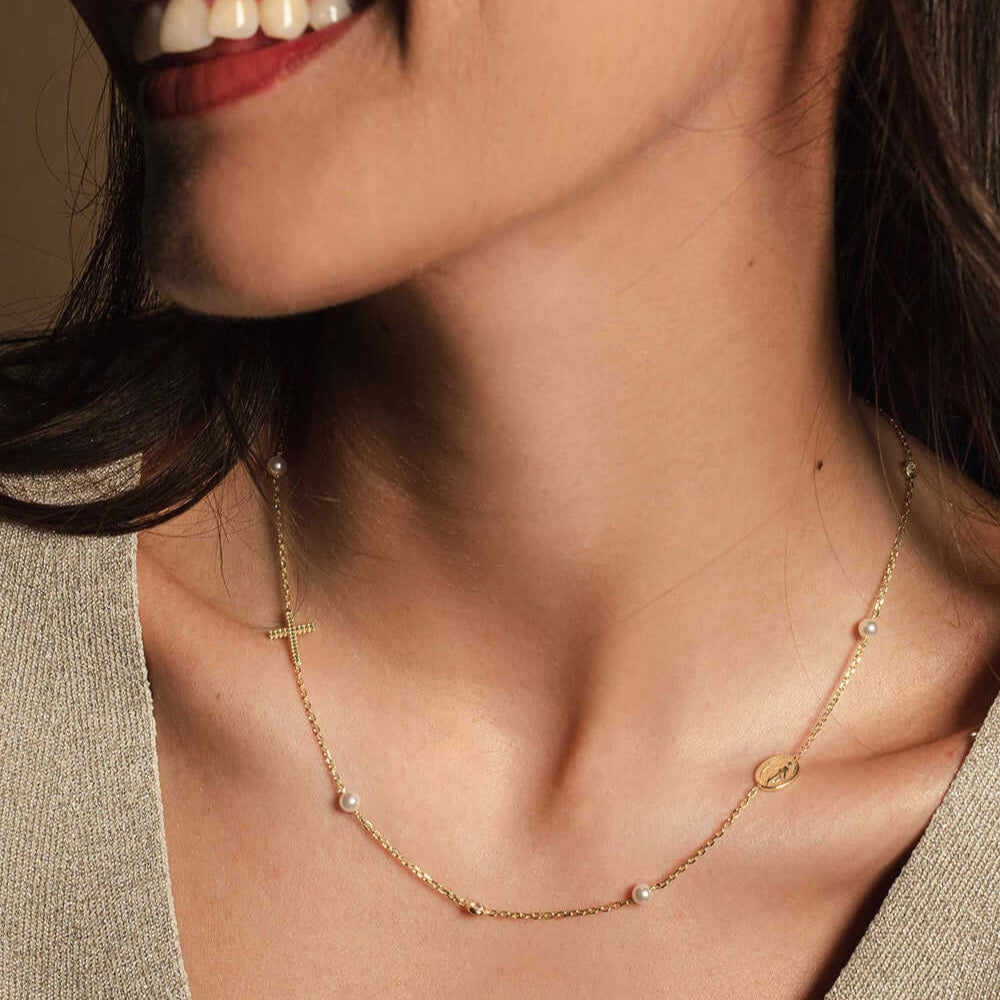 MIRACULOUS E CROCE - COLLANA PERLA E CRYSTAL - VERMEIL ARGENTO