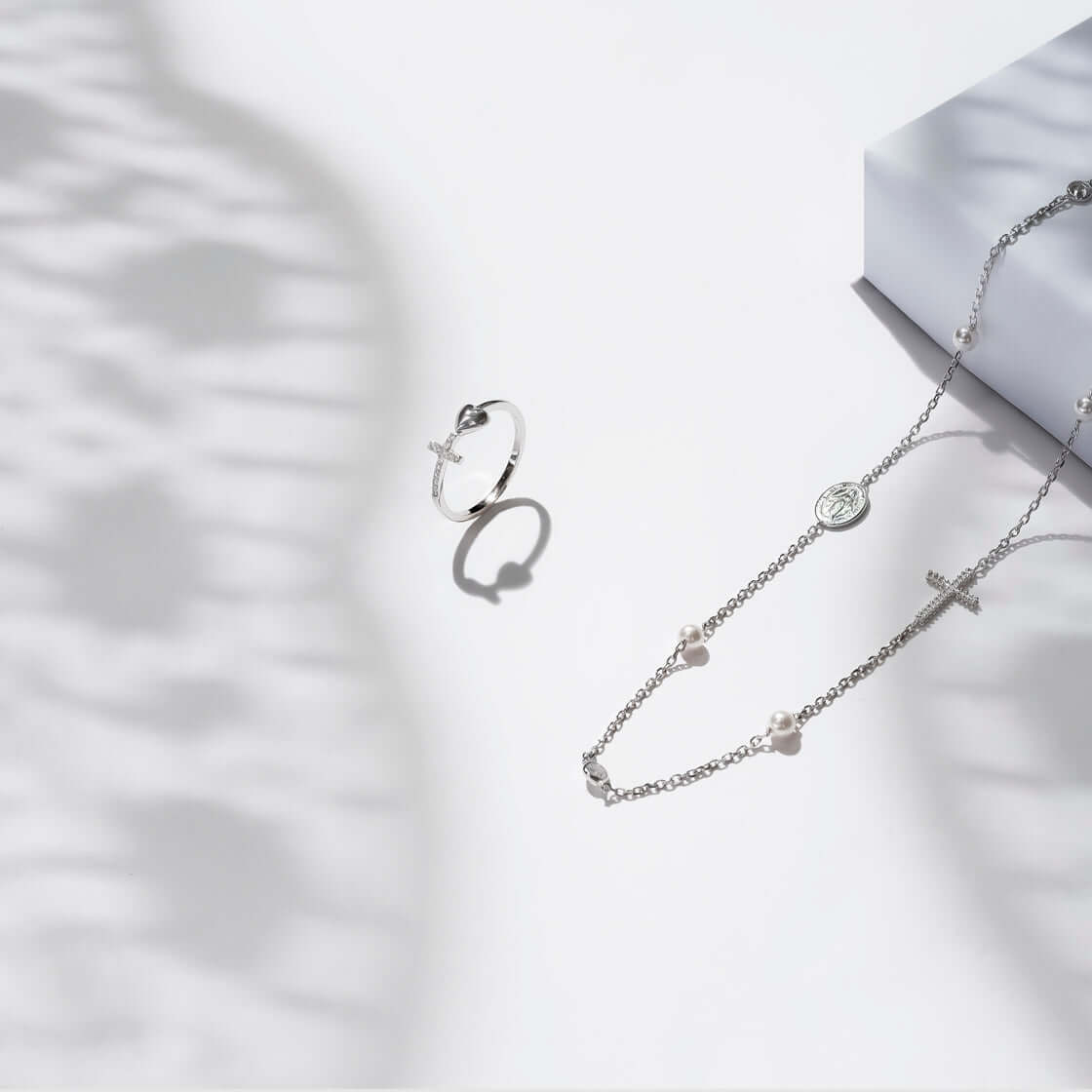 MIRACULOUS E CROCE - COLLANA PERLA E CRYSTAL - ARGENTO