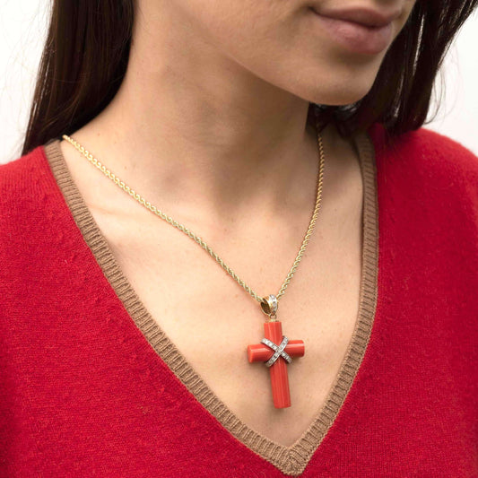 CORAL PENDENTE CROCE COLLANA CON DIAMONDS - ORO