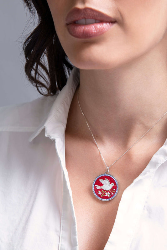 PEACE DOVE - RED MICROMOSAIC - ARGENTO COLLANA