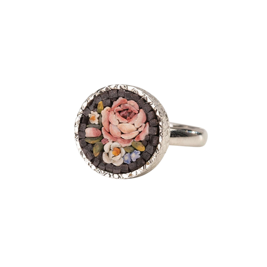 MICROMOSAIC ANELLO - FLEMISH FLOWERS - ARGENTO