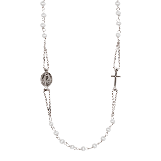 MIRACULOUS E CROCE - PERLA COLLANA - BIANCO ORO