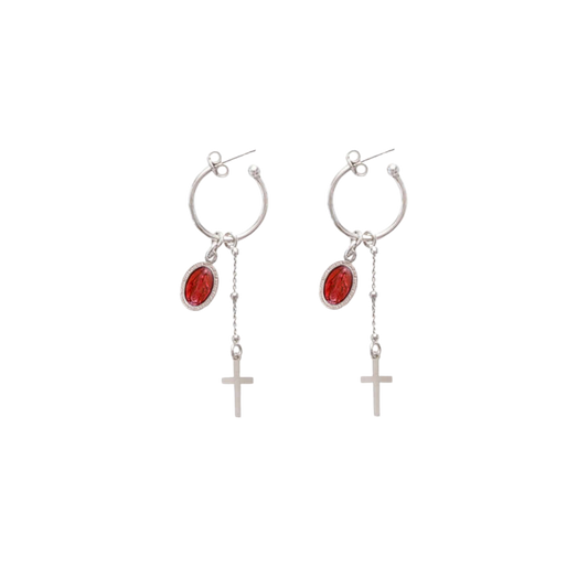RED MIRACULOUS MEDAGLIA - HOOP ORECCHINI - ARGENTO