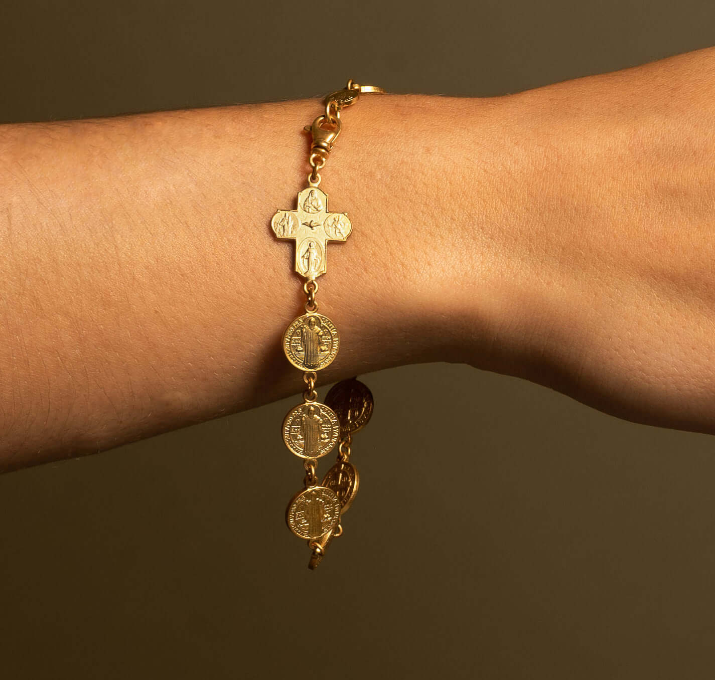 ST BENEDICT MEDAGLIA & FOUR WAY CROCE - BRACCIALETTO - VERMEIL ARGENTO