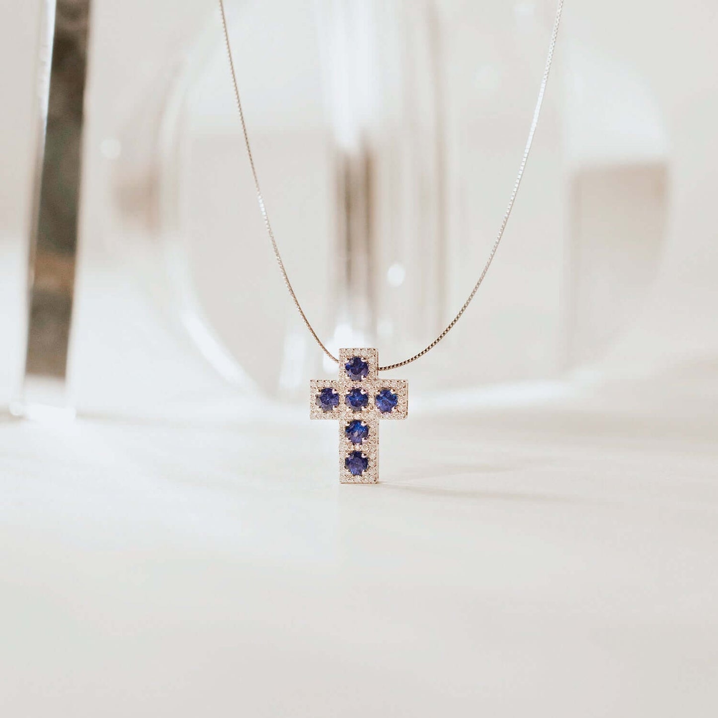 CROCE E CATENA - SAPPHIRE E DIAMONDS - BIANCO ORO