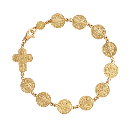ST BENEDICT MEDAGLIA & FOUR WAY CROCE - BRACCIALETTO - VERMEIL ARGENTO