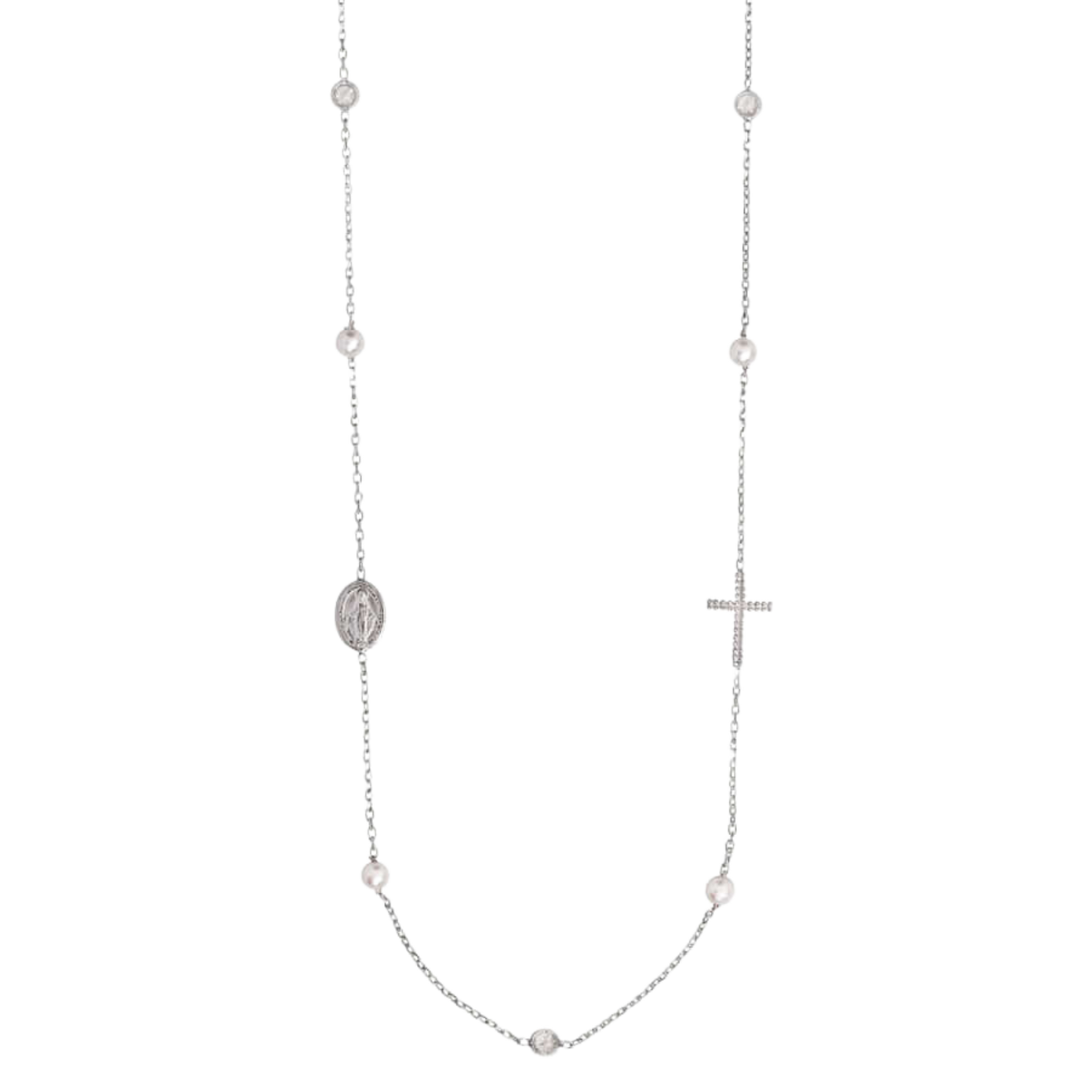 MIRACULOUS E CROCE - COLLANA PERLA E CRYSTAL - ARGENTO