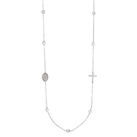 MIRACULOUS E CROCE - COLLANA PERLA E CRYSTAL - ARGENTO