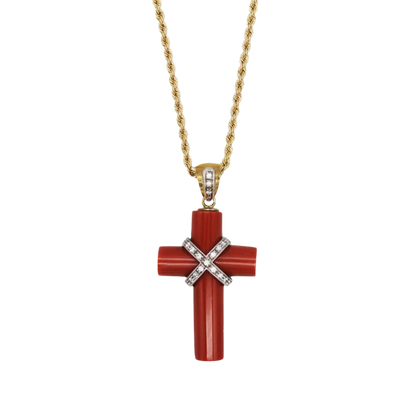 CORAL PENDENTE CROCE COLLANA CON DIAMONDS - ORO