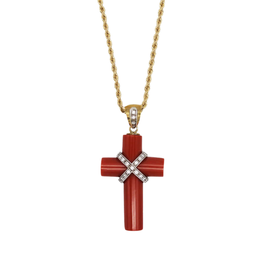 CORAL PENDENTE CROCE COLLANA CON DIAMONDS - ORO