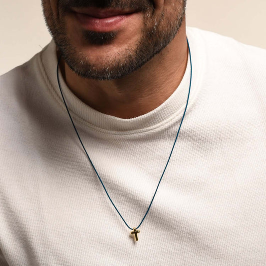 COLLANA CROCE - BLUE ROPE E GOLDEN ARGENTO