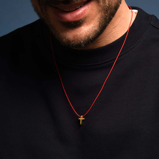 COLLANA CROCE - RED ROPE E GOLDEN ARGENTO