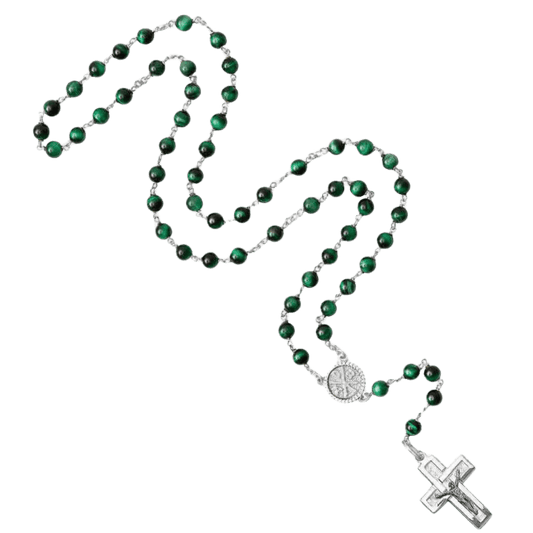 GREEN TIGER EYE ROSARIO - ARGENTO