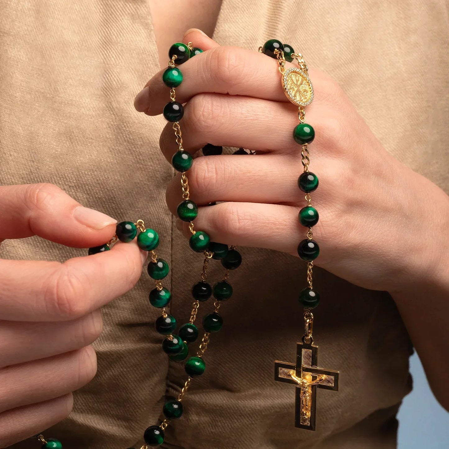 GREEN TIGER EYE ROSARIO - VERMEIL ARGENTO