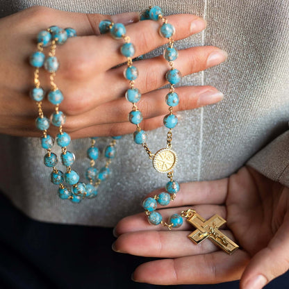 LIGHT BLUE GLASS BEADS ROSARIO - VERMEIL ARGENTO