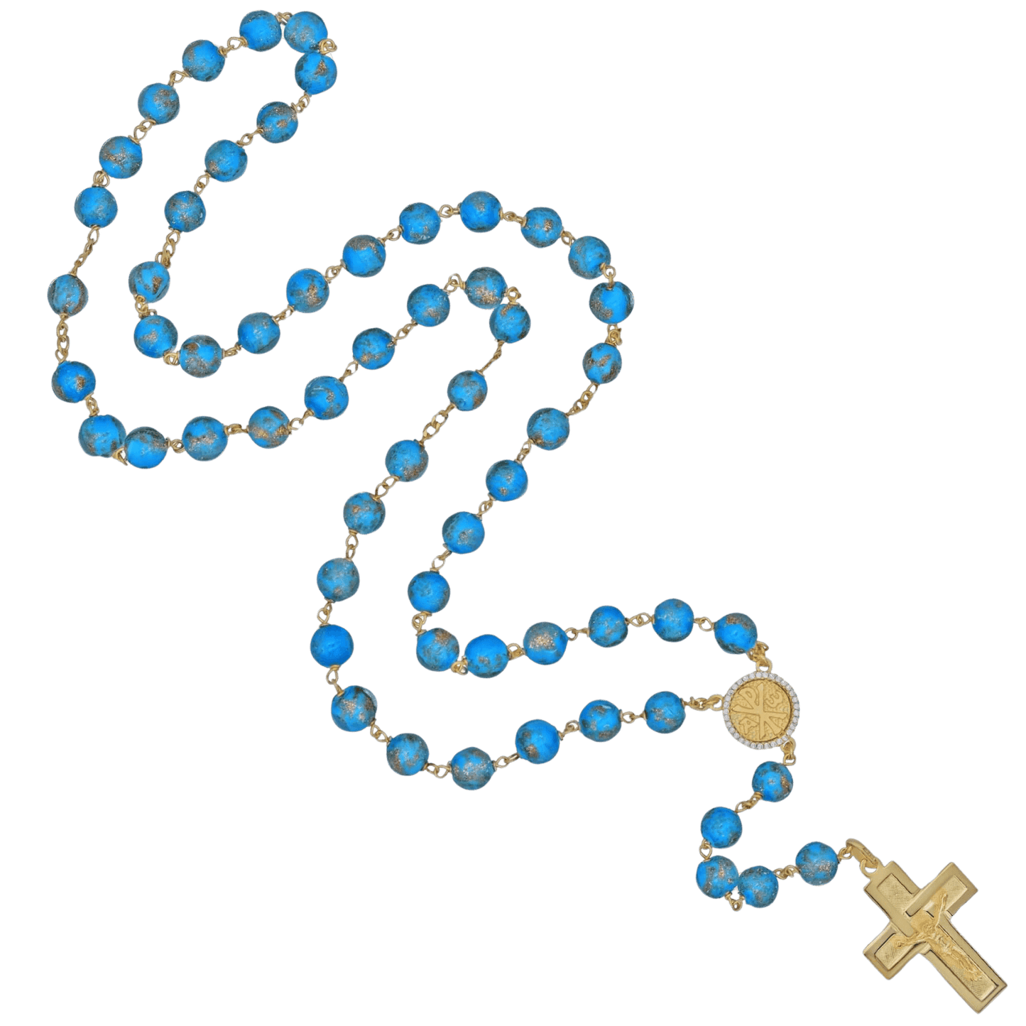 LIGHT BLUE GLASS BEADS ROSARIO - VERMEIL ARGENTO