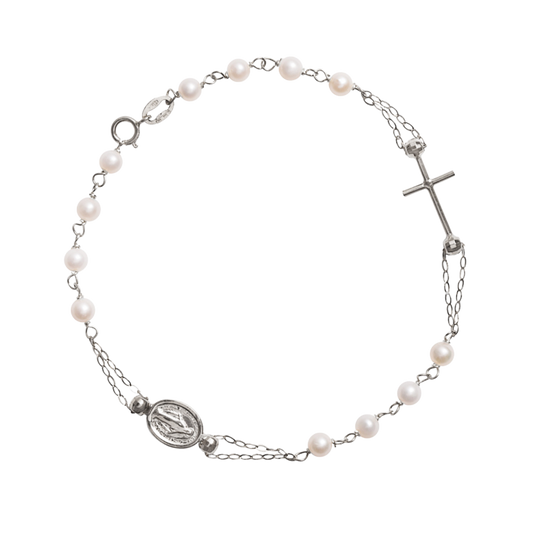 MIRACULOUS E CROCE - PERLE BRACCIALETTO ROSARIO - BIANCO ORO