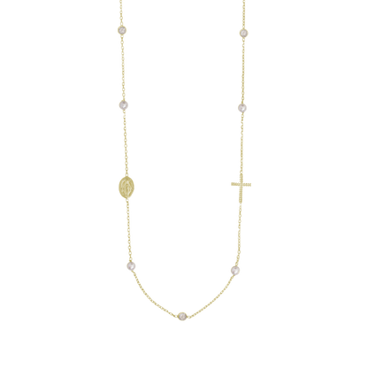 MIRACULOUS E CROCE - COLLANA PERLA E CRYSTAL - VERMEIL ARGENTO
