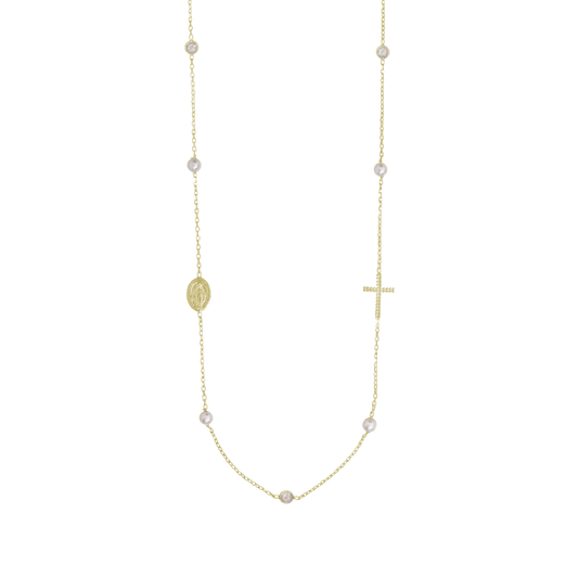 MIRACULOUS E CROCE - COLLANA PERLA E CRYSTAL - VERMEIL ARGENTO
