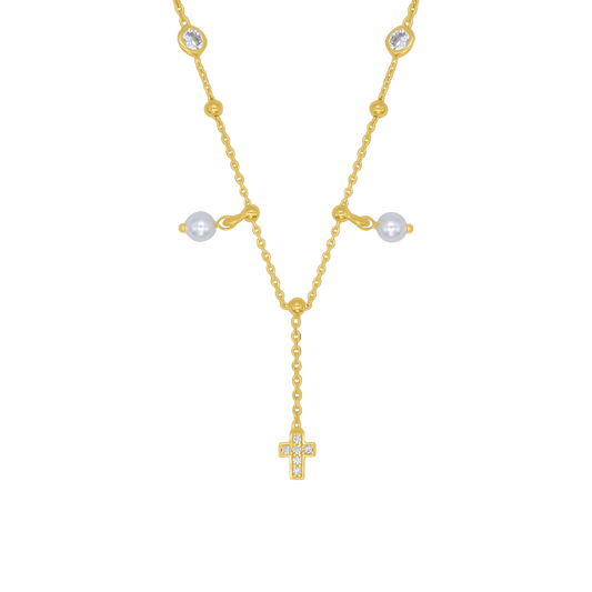 COLLANA CROCE - PERLA E GOLDEN ARGENTO