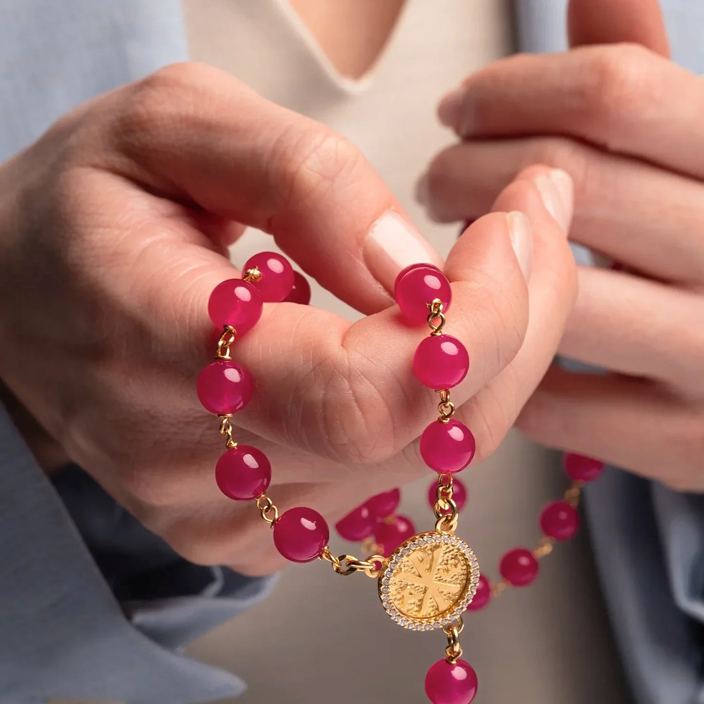 PINK AGATE ROSARIO - VERMEIL ARGENTO