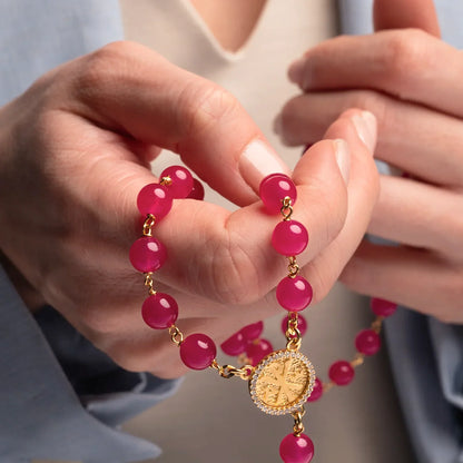 PINK AGATE ROSARIO - VERMEIL ARGENTO