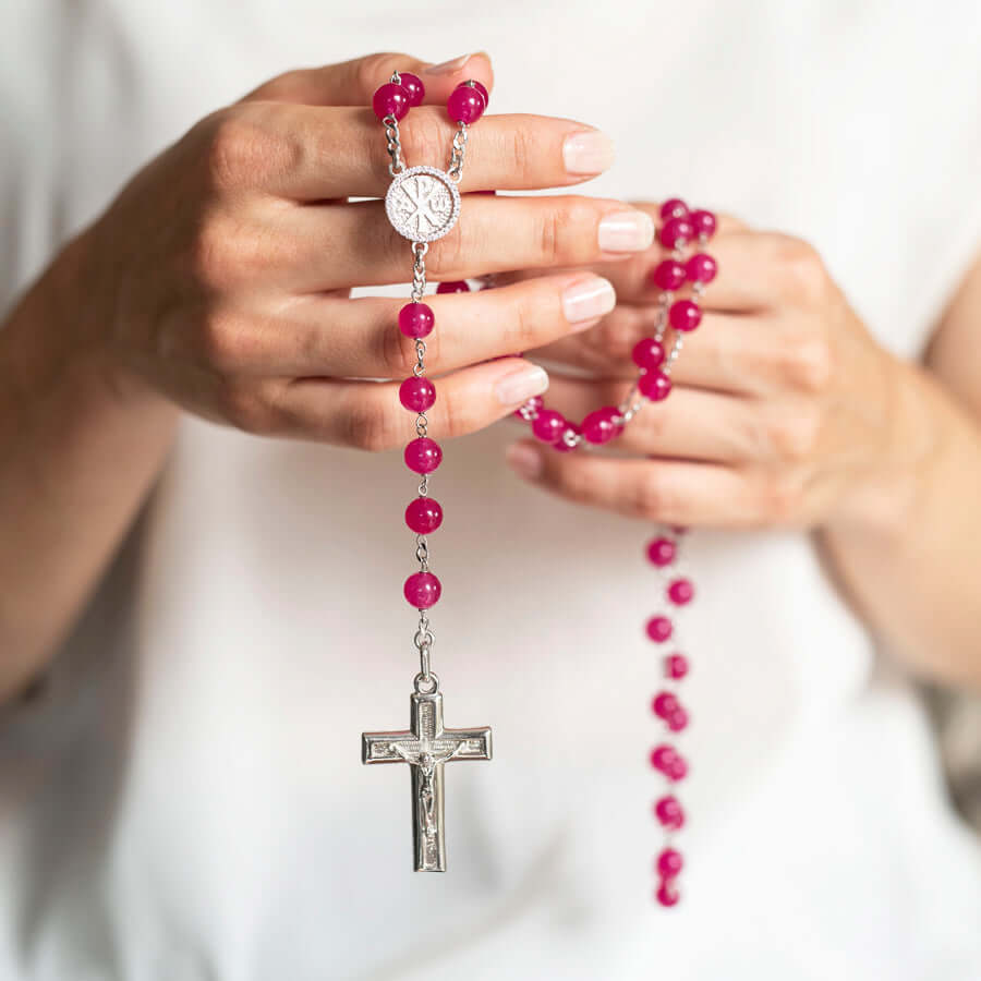 PINK AGATE BEADS ROSARIO - ARGENTO