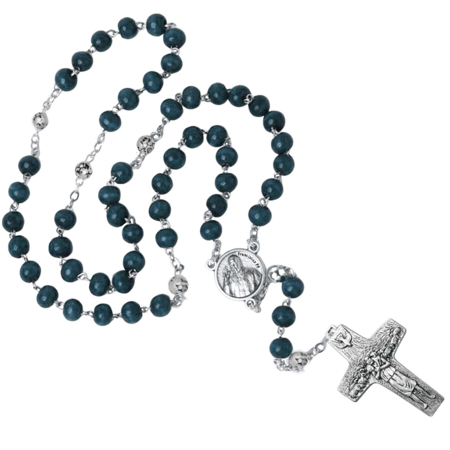 POPE FRANCIS - BLUE IN LEGNO BEADS ROSARIO - METAL