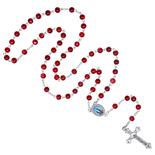 RED MARBLE ROSARIO - METAL