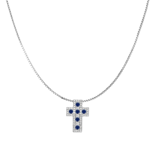 CROCE E CATENA - SAPPHIRE E DIAMONDS - BIANCO ORO
