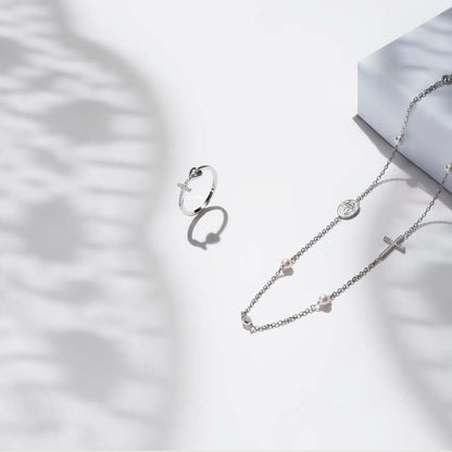 MIRACULOUS E CROCE - COLLANA PERLA E CRYSTAL - ARGENTO