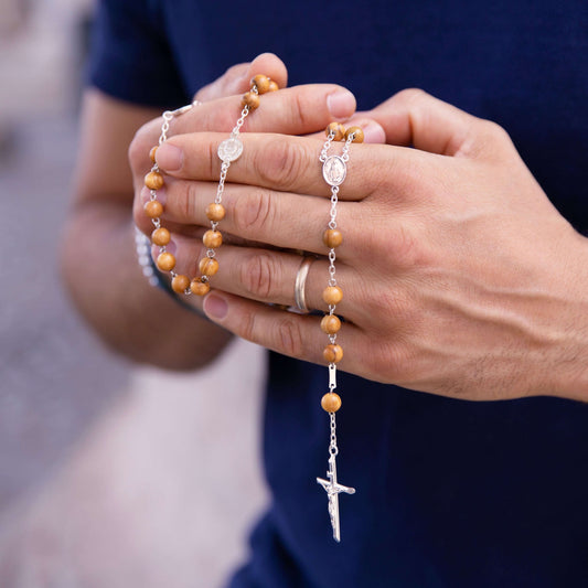 OLIVE LEGNO BEADS ROSARIO - ARGENTO